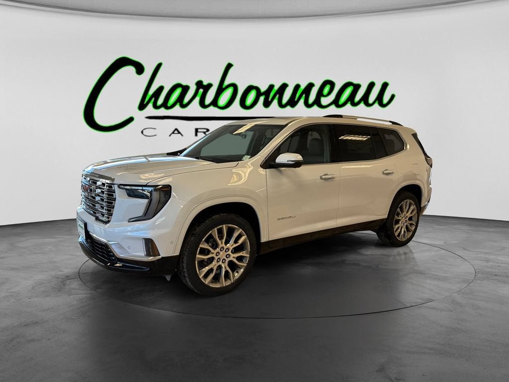 2026 GMC Acadia Denali in Glacier White Tricoat — front three-quarter view