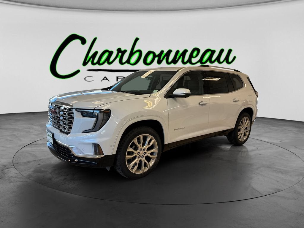 2026 GMC Acadia Denali in Glacier White Tricoat — front three-quarter view