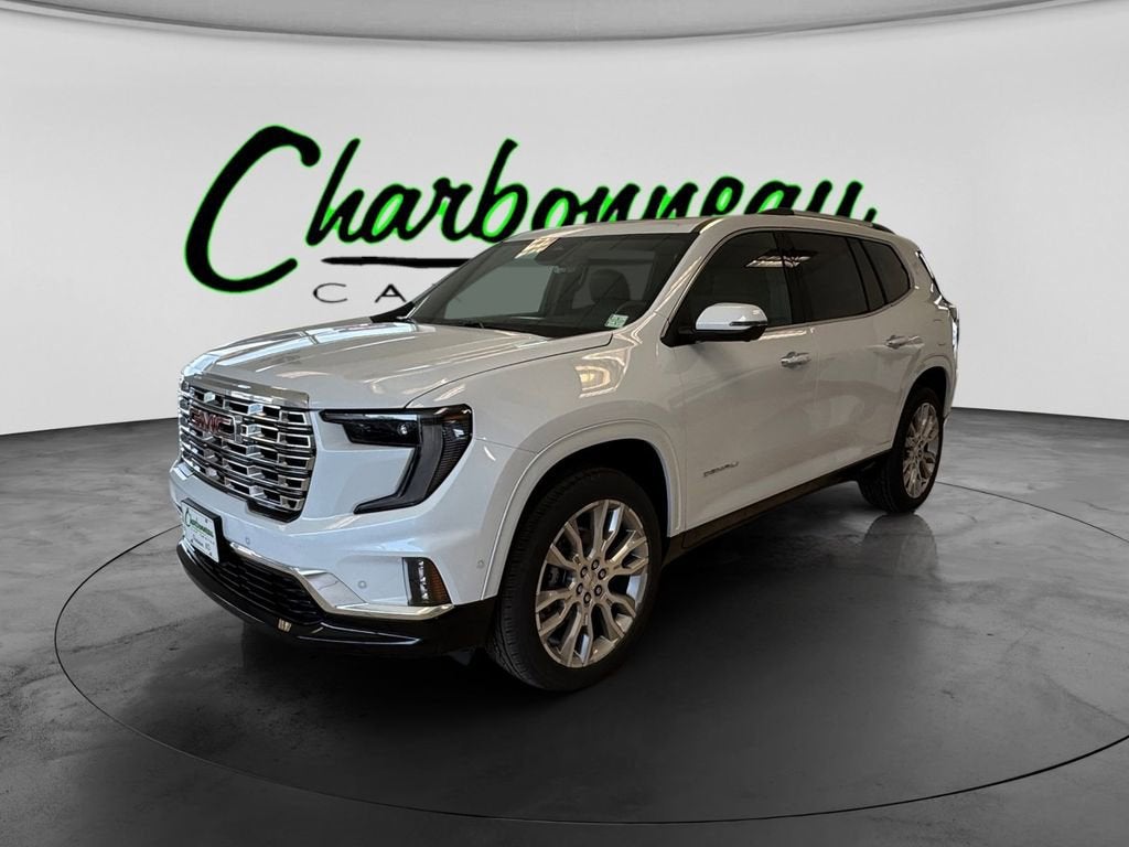 2026 GMC Acadia Denali in Glacier White Tricoat — front three-quarter view