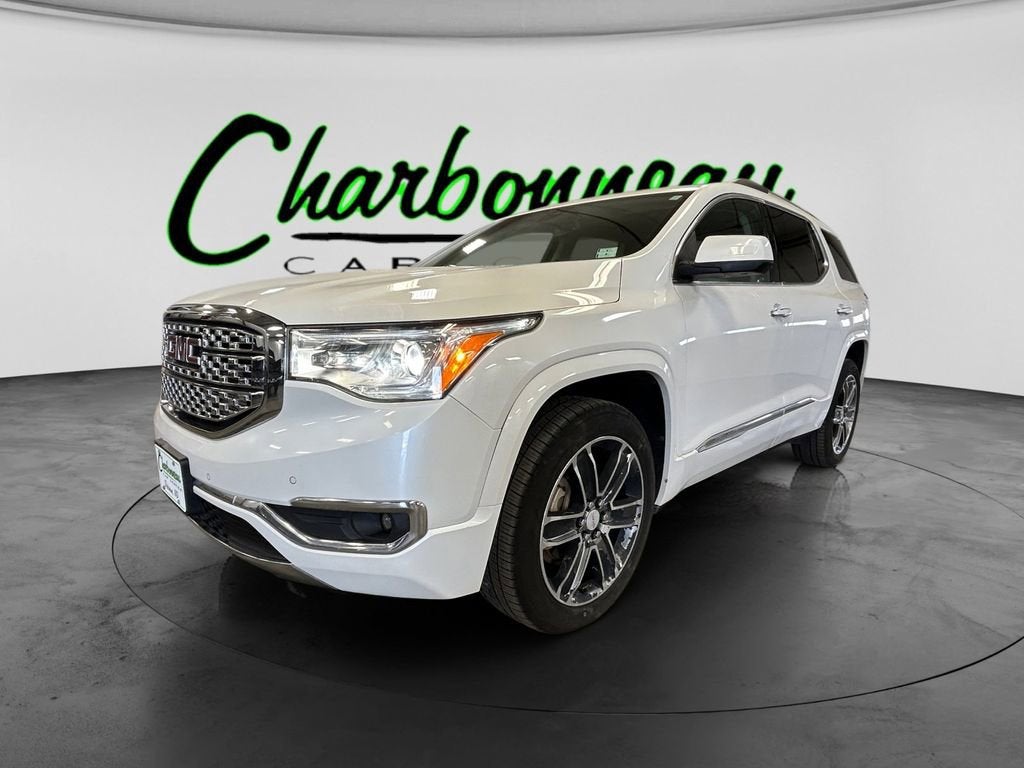 2017 GMC Acadia Denali in White Frost Tricoat — front three-quarter view