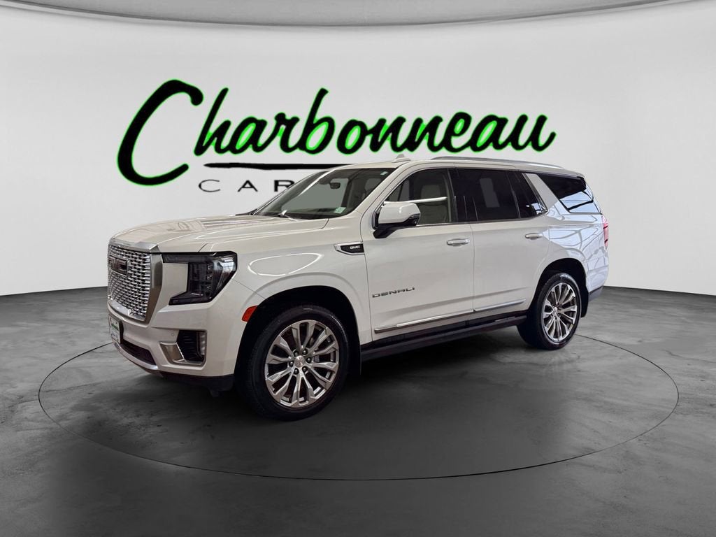 2021 GMC Yukon Denali in White Frost Tricoat — front three-quarter view