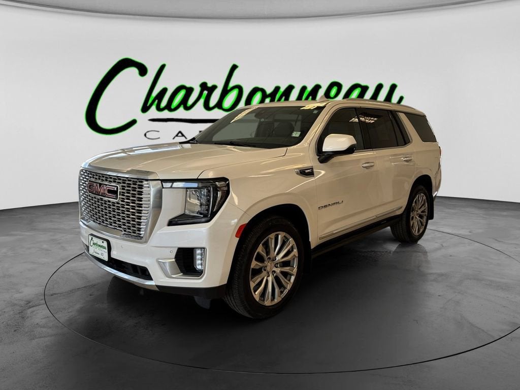 2022 GMC Yukon Denali in White Frost Tricoat — front three-quarter view