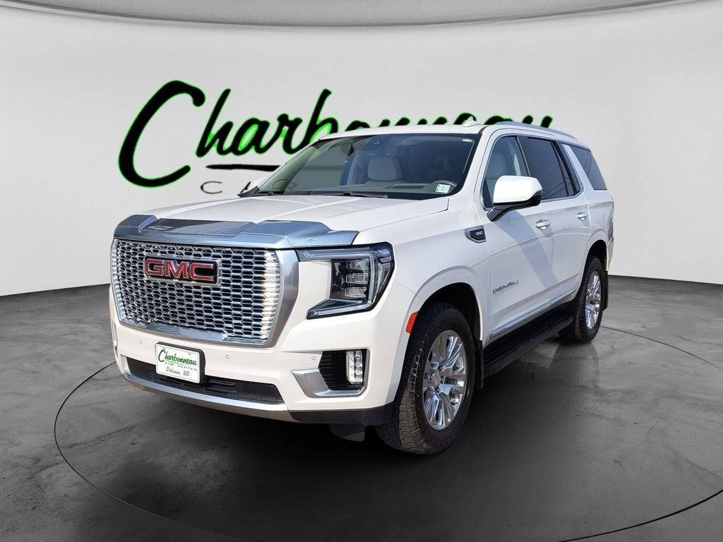2021 GMC Yukon Denali in White Frost Tricoat — front three-quarter view